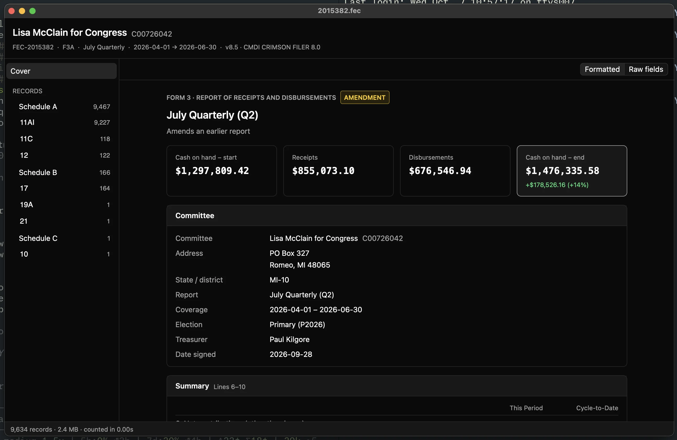 Screenshot of the fec-viewer desktop app displaying data about Lisa McClain's July 2026 FEC filing