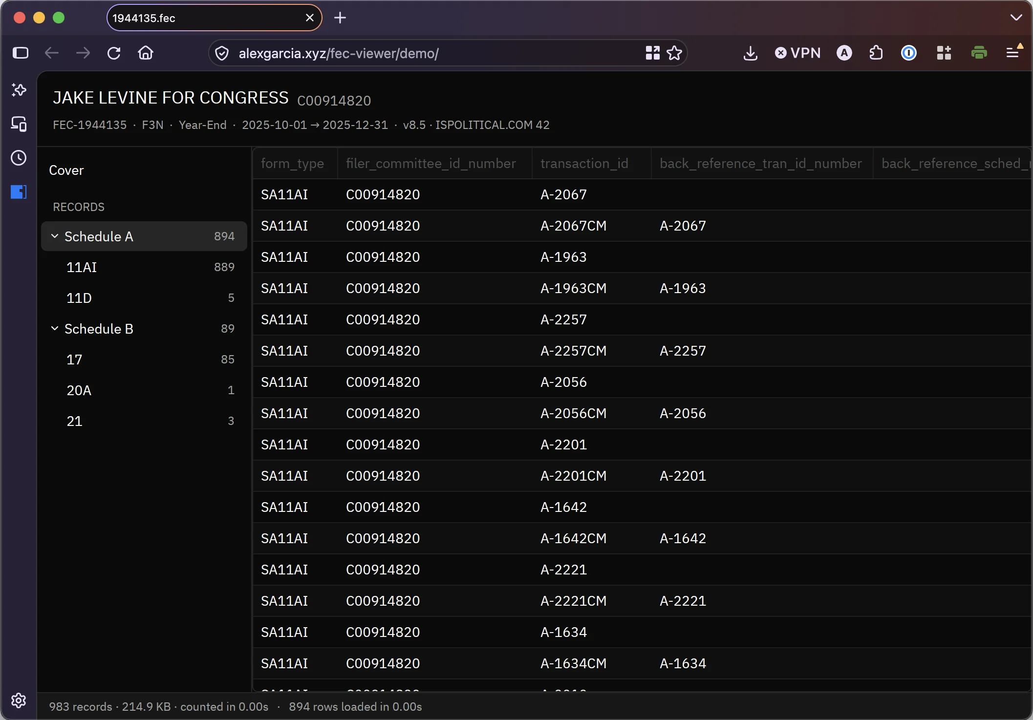 Screenshot of fec-viewer running in Firefox via a WASM build.