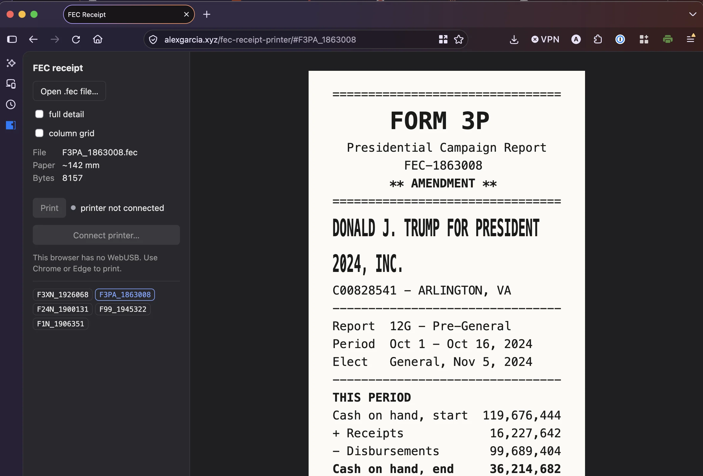 Screenshot of the fec-receipt-printer WASM project running in Firefox